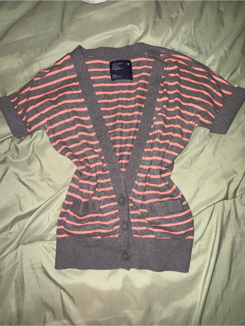 American Eagle Outfitters Gray and Coral Striped Button-Front Cardigan